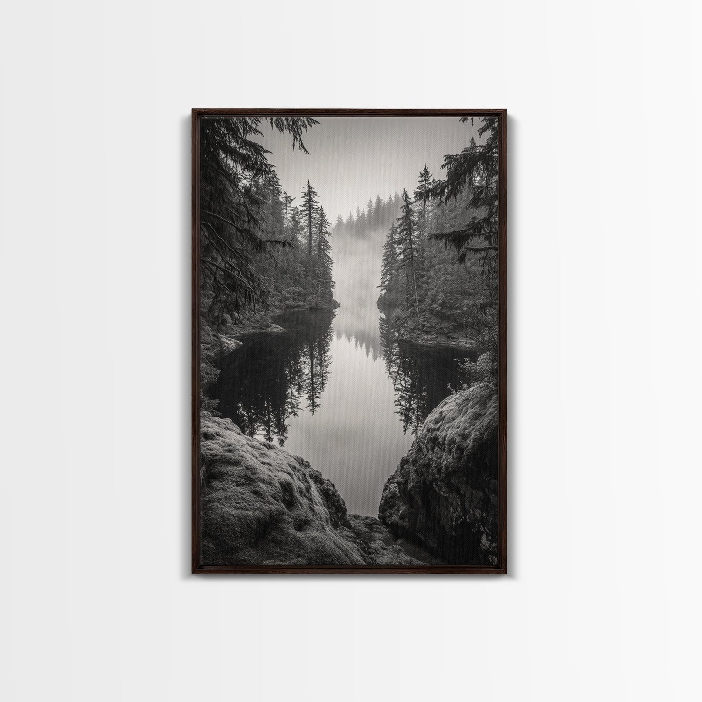 Misty Forest, River Reflection, Foggy Pines, Mountain Silence, Framed Canvas Print, Bedroom Wall Art, Tranquil Nature Photography, Zen Decor - I Bought a Yard Sale