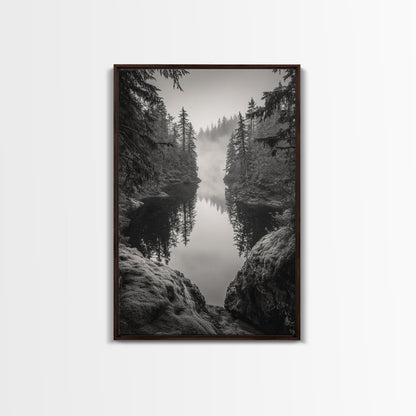 Misty Forest, River Reflection, Foggy Pines, Mountain Silence, Framed Canvas Print, Bedroom Wall Art, Tranquil Nature Photography, Zen Decor - I Bought a Yard Sale