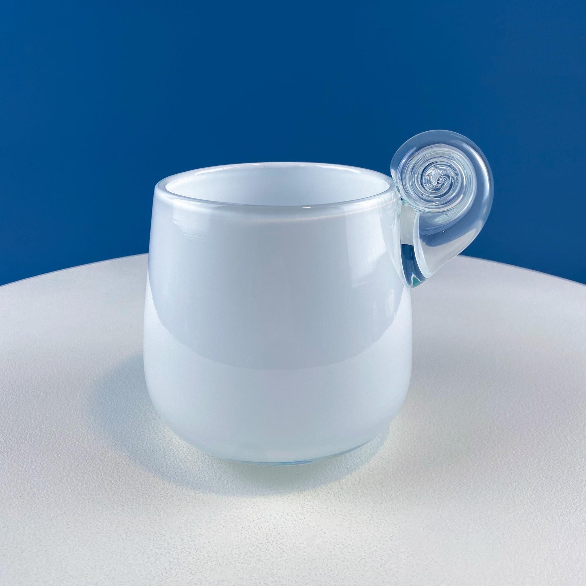 Modern White & Clear Glass Vase with Swirl Handle. Unique White Cased Hand Blown Art Glass with Scroll. Bath Storage. Interior Design Ideas. - I Bought a Yard Sale