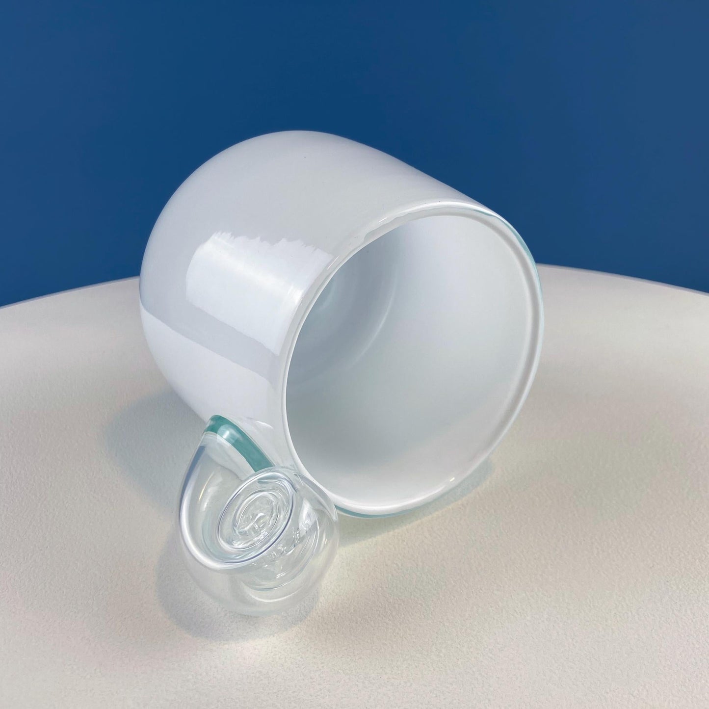 Modern White & Clear Glass Vase with Swirl Handle. Unique White Cased Hand Blown Art Glass with Scroll. Bath Storage. Interior Design Ideas. - I Bought a Yard Sale