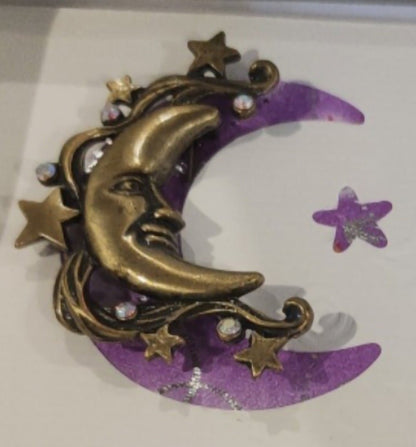 Moon & Stars Brooch / Pin with Shoot for the Stars Inspiration Card - I Bought a Yard Sale