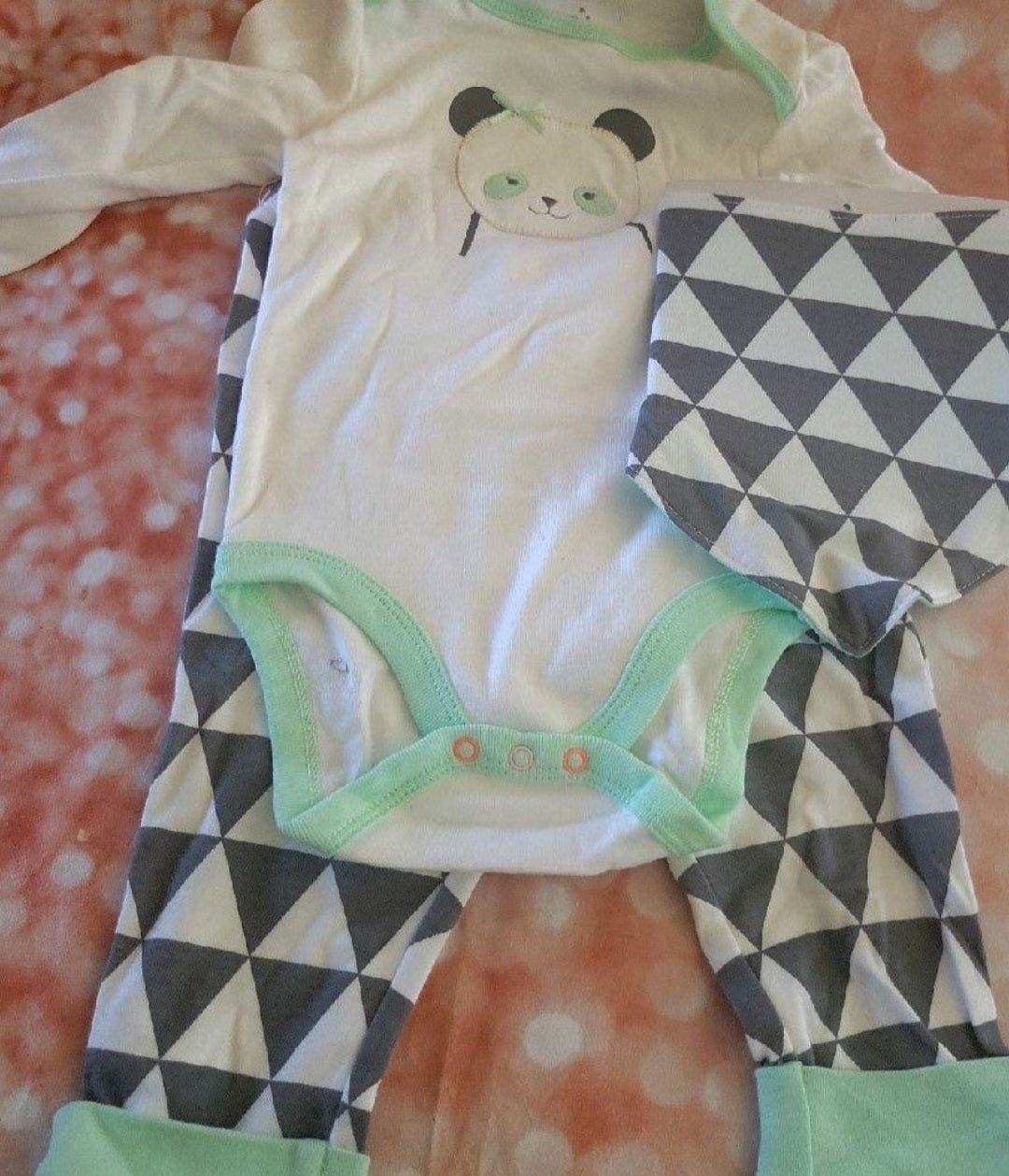 New 6 - 9 Months 3 piece outfit Panda onesie pants and bib - I Bought a Yard Sale