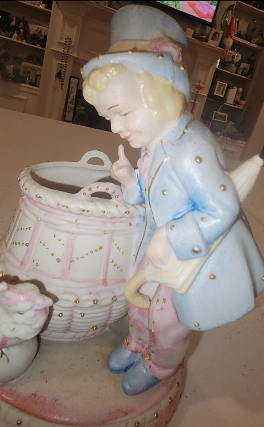 Occupied Japan Paul Ux Victorian Boy w Cockatoo and basket in pink blue and Gold - I Bought a Yard Sale