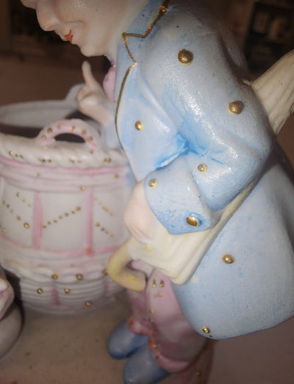 Occupied Japan Paul Ux Victorian Boy w Cockatoo and basket in pink blue and Gold - I Bought a Yard Sale
