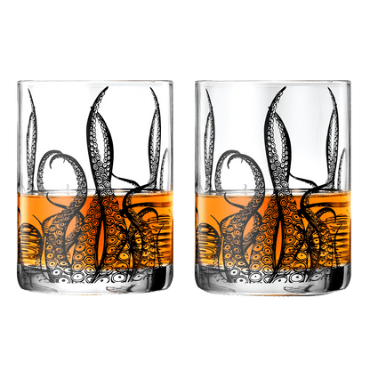 Octopus Tentacle Whiskey Glassware | Set of 2 | 9 OZ Handmade Craft Beer, Cocktail, Water, Bar Rock Glass - Kraken Tumbler Gift Set, Old Fashioned Rocks Glasses, Antique Design Extraordinary Detail by The Wine Savant - I Bought a Yard Sale
