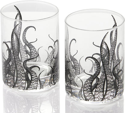 Octopus Tentacle Whiskey Glassware | Set of 2 | 9 OZ Handmade Craft Beer, Cocktail, Water, Bar Rock Glass - Kraken Tumbler Gift Set, Old Fashioned Rocks Glasses, Antique Design Extraordinary Detail by The Wine Savant - I Bought a Yard Sale