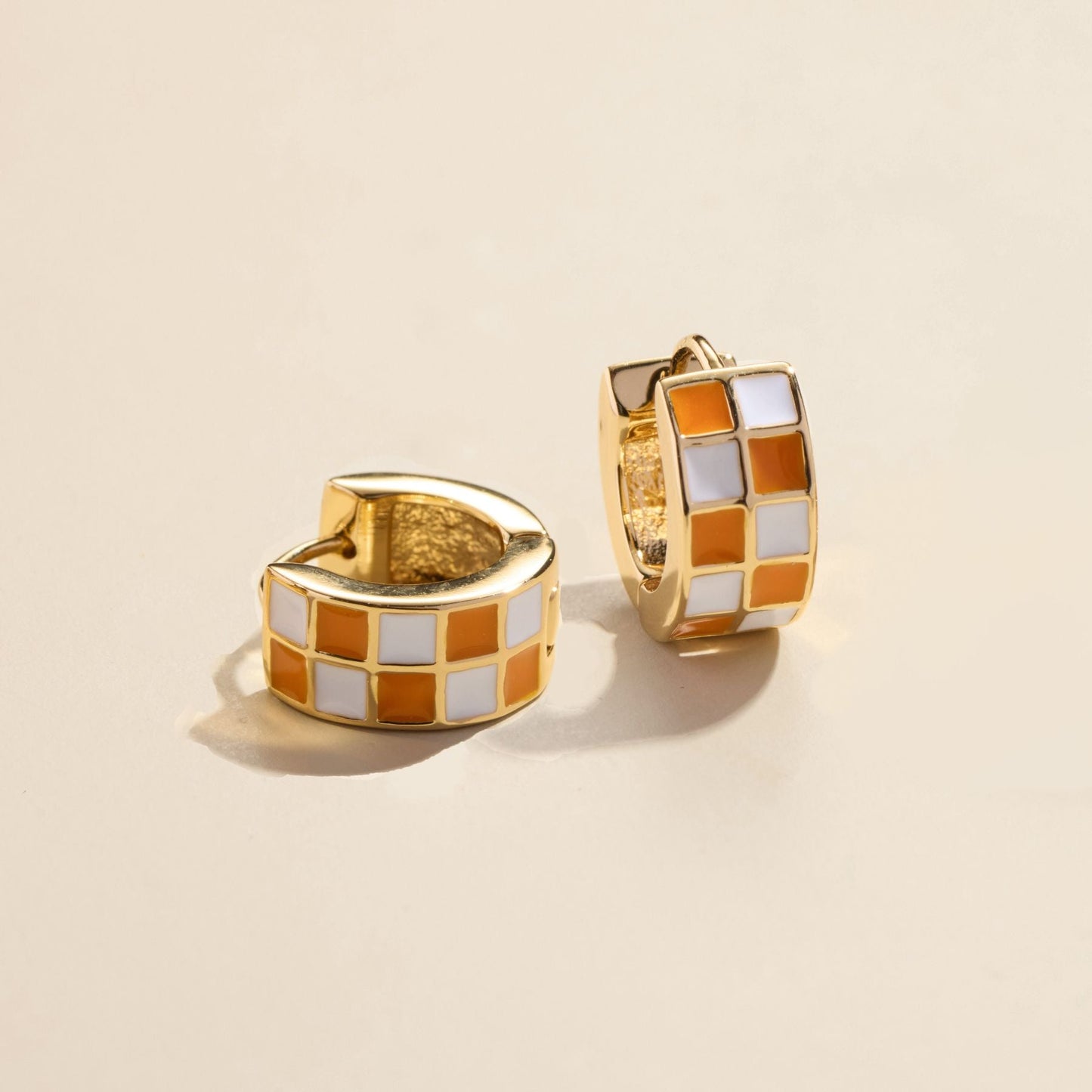 Orange & White Checkered Enamel Huggies - I Bought a Yard Sale