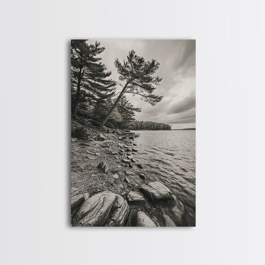 Pine Shoreline Landscape, Calm Water Trees, Autumn Mood, Canvas Print, Rustic Cabin Wall Art, Bedroom Nature Decor, Earthy Photography - I Bought a Yard Sale