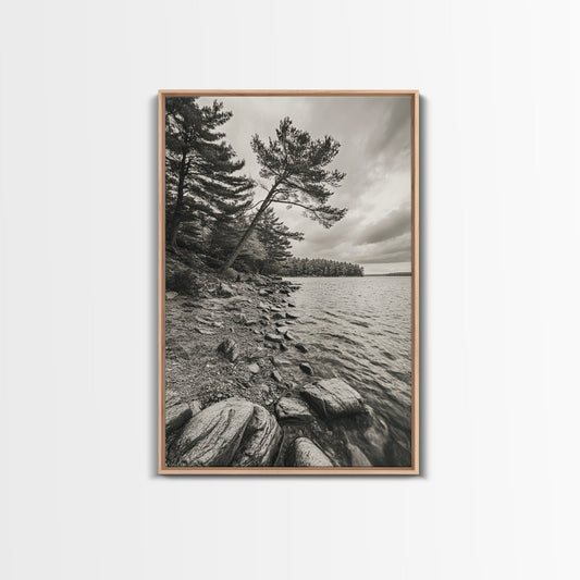Pine Shoreline Landscape, Calm Water Trees, Autumn Mood, Canvas Print, Rustic Cabin Wall Art, Bedroom Nature Decor, Earthy Photography - I Bought a Yard Sale