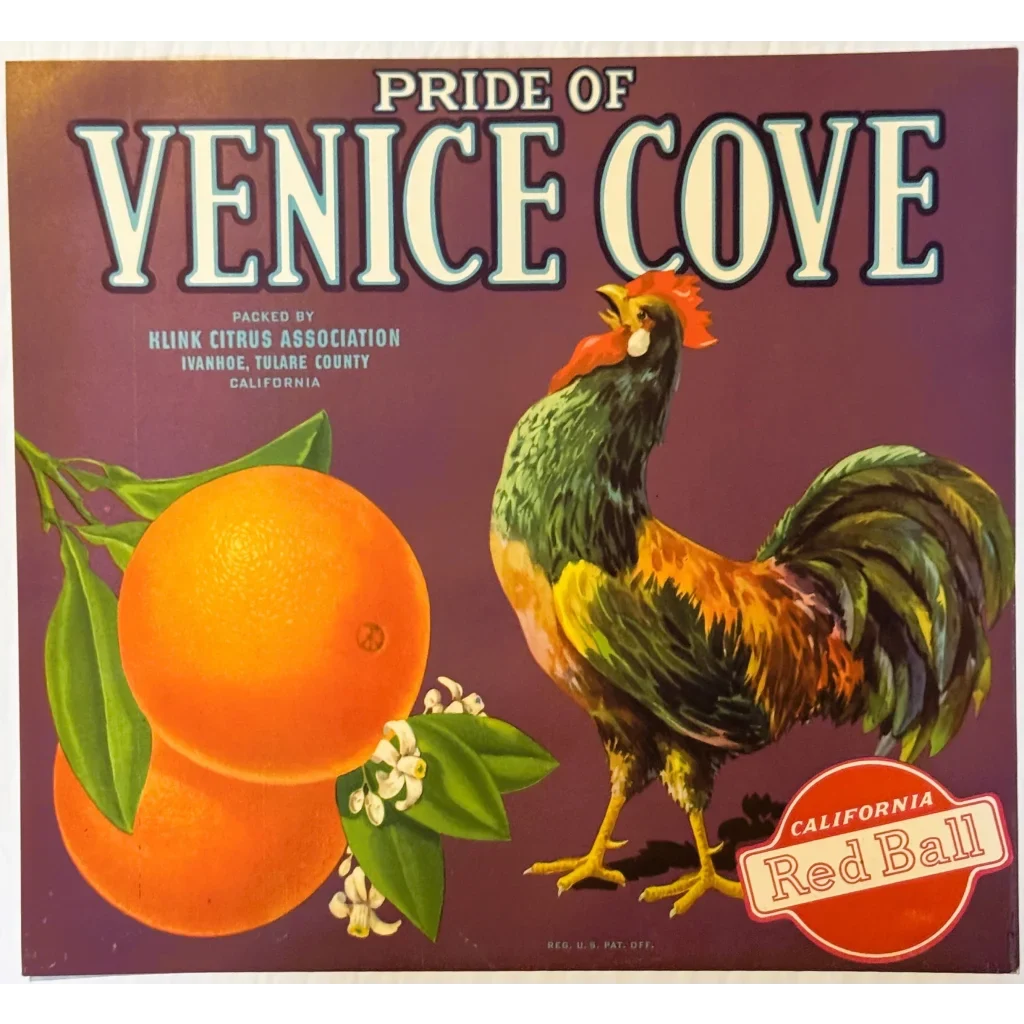 Antique 1930s Pride of Venice Cove Orange Crate Label — Klink Citrus Association, Ivanhoe, Tulare County CA