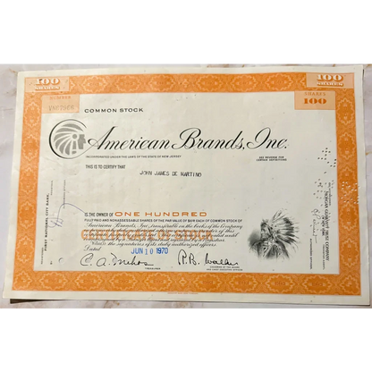 Vintage American Brands Stock Certificate 📜 Native American Chief Vignette, New Jersey Tobacco Americana