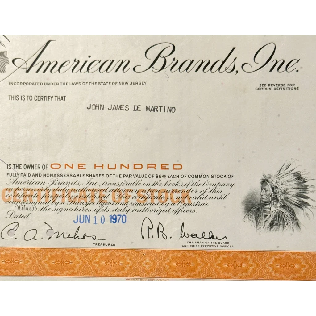 Vintage American Brands Stock Certificate 📜 Native American Chief Vignette, New Jersey Tobacco Americana