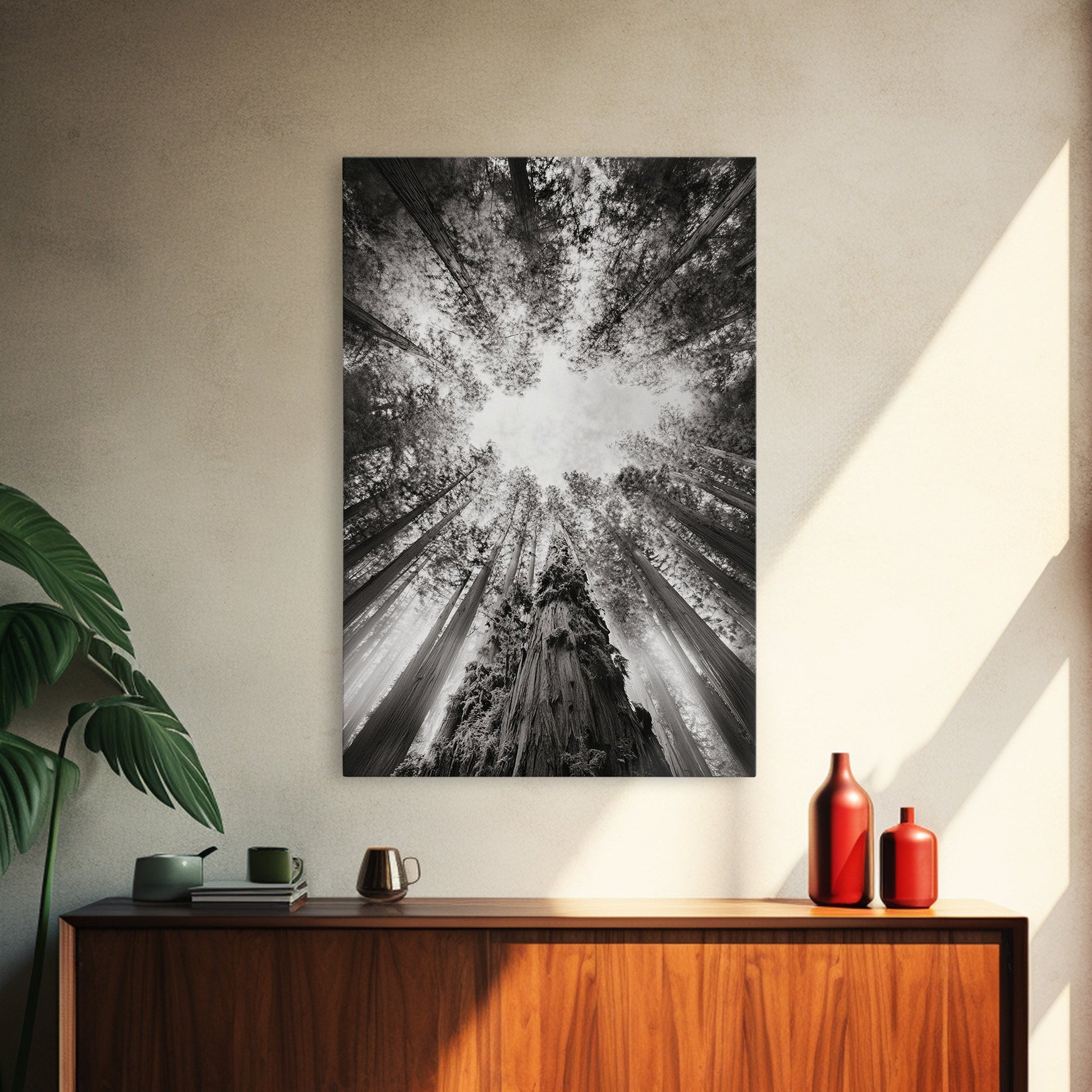 Redwood Canopy Sky, Majestic Forest Trees, Vertical Nature Scene, Framed Canvas Print, Wilderness Wall Art, Lodge or Den Decor - I Bought a Yard Sale