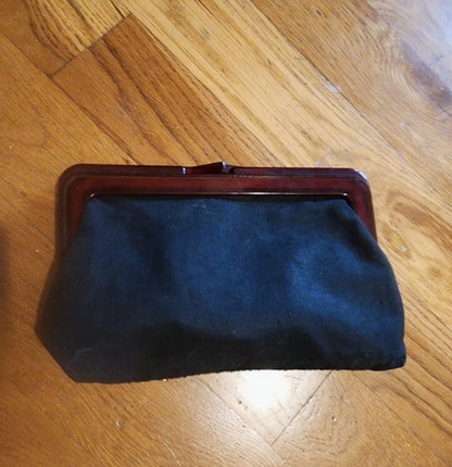 Vintage Tapestry Framed Clutch Purse Floral Amber Lucite Click Closure Black