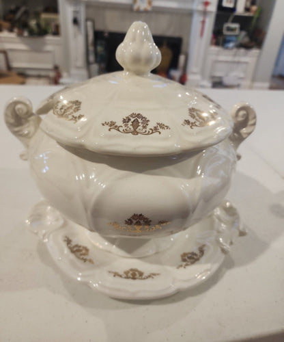 Vintage Porcelain Soup Tureen and plate  Gold Floral Design