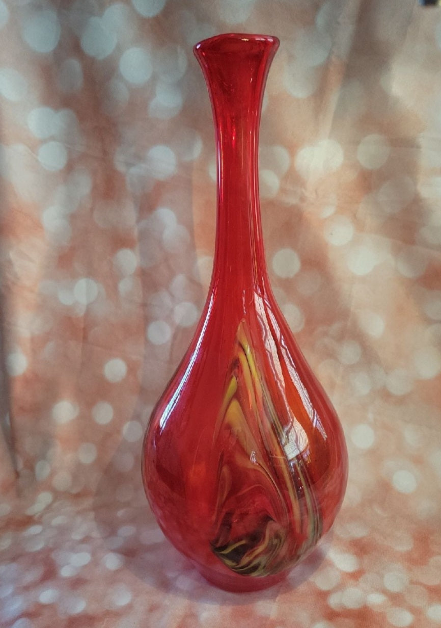Pier One  blown Red glass vase with yellow, blue and black swirls Retro