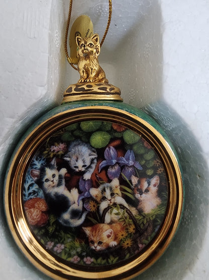 2 1999 Bradford Exchange Porcelain Hanging Figural Cat Round Ball Ornaments