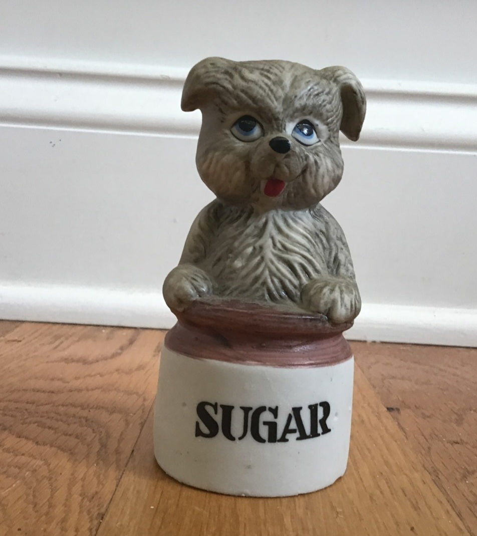 Vintage Retro Whimsy Ceramic Dog in a sugar bowl bell