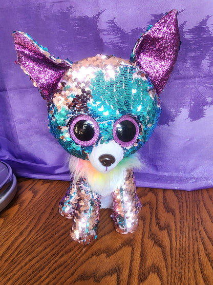 Ty FLIPPABLES Yappy the  Chihuahua Shiny Sequins Medium 10" Plush Beanie Boo