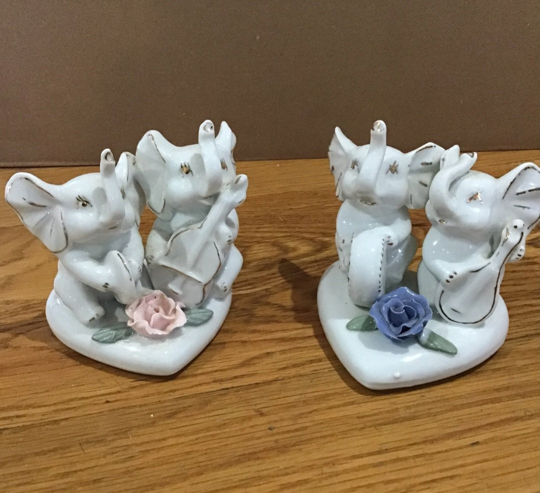 Vintage Victorian  2 sets of Porcelain Elephants on heart base with rose accents
