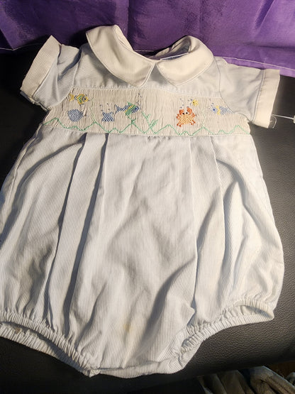 Friedknit Creations Smocked Baby Blue Beach ocean 3 Month Romper for boy