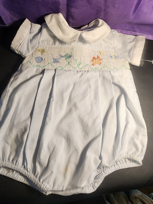 Friedknit Creations Smocked Baby Blue Beach ocean 3 Month Romper for boy