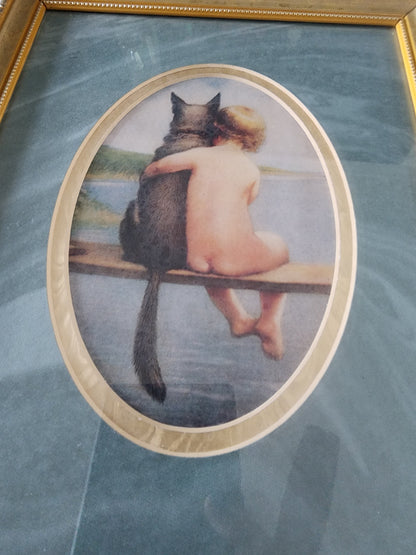 Gold Framed Print of boy and his dog, Pals 11.50" T x 9.15" w Bathing Beauties