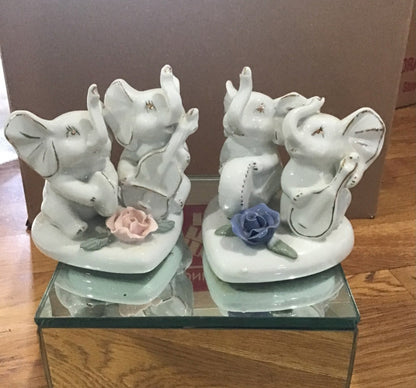 Vintage Victorian  2 sets of Porcelain Elephants on heart base with rose accents