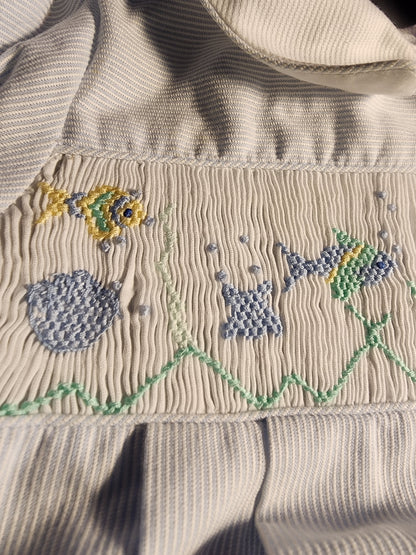 Friedknit Creations Smocked Baby Blue Beach ocean 3 Month Romper for boy