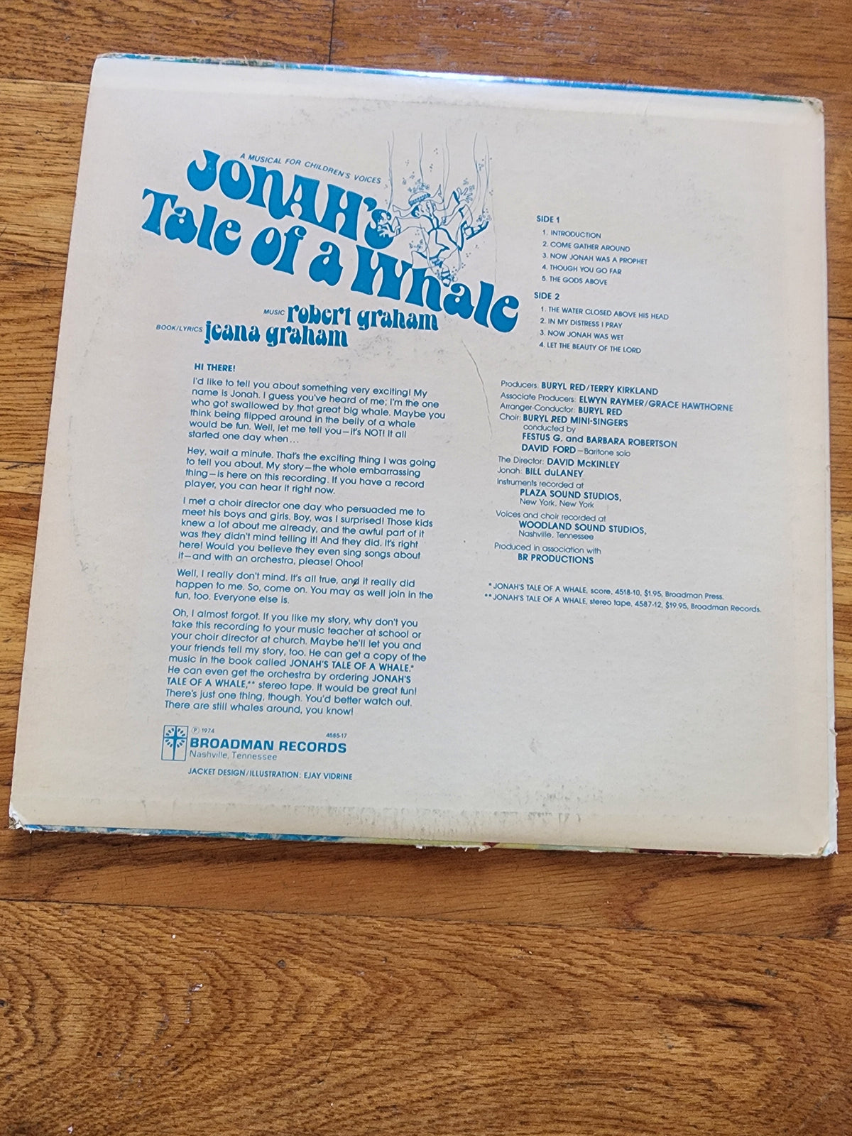 Jonah's tale of the whale 1974 Broadman VTG record vinyl Kids Stories