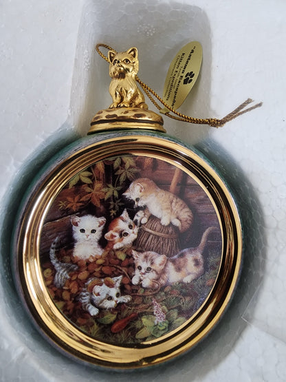2 1999 Bradford Exchange Porcelain Hanging Figural Cat Round Ball Ornaments