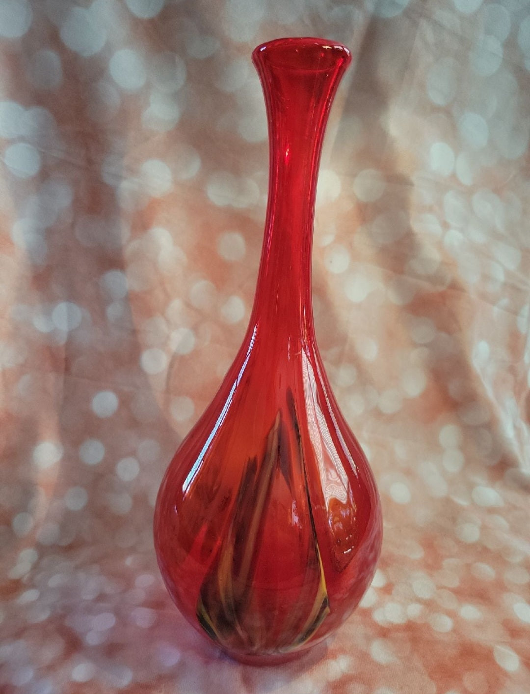 Pier One  blown Red glass vase with yellow, blue and black swirls Retro