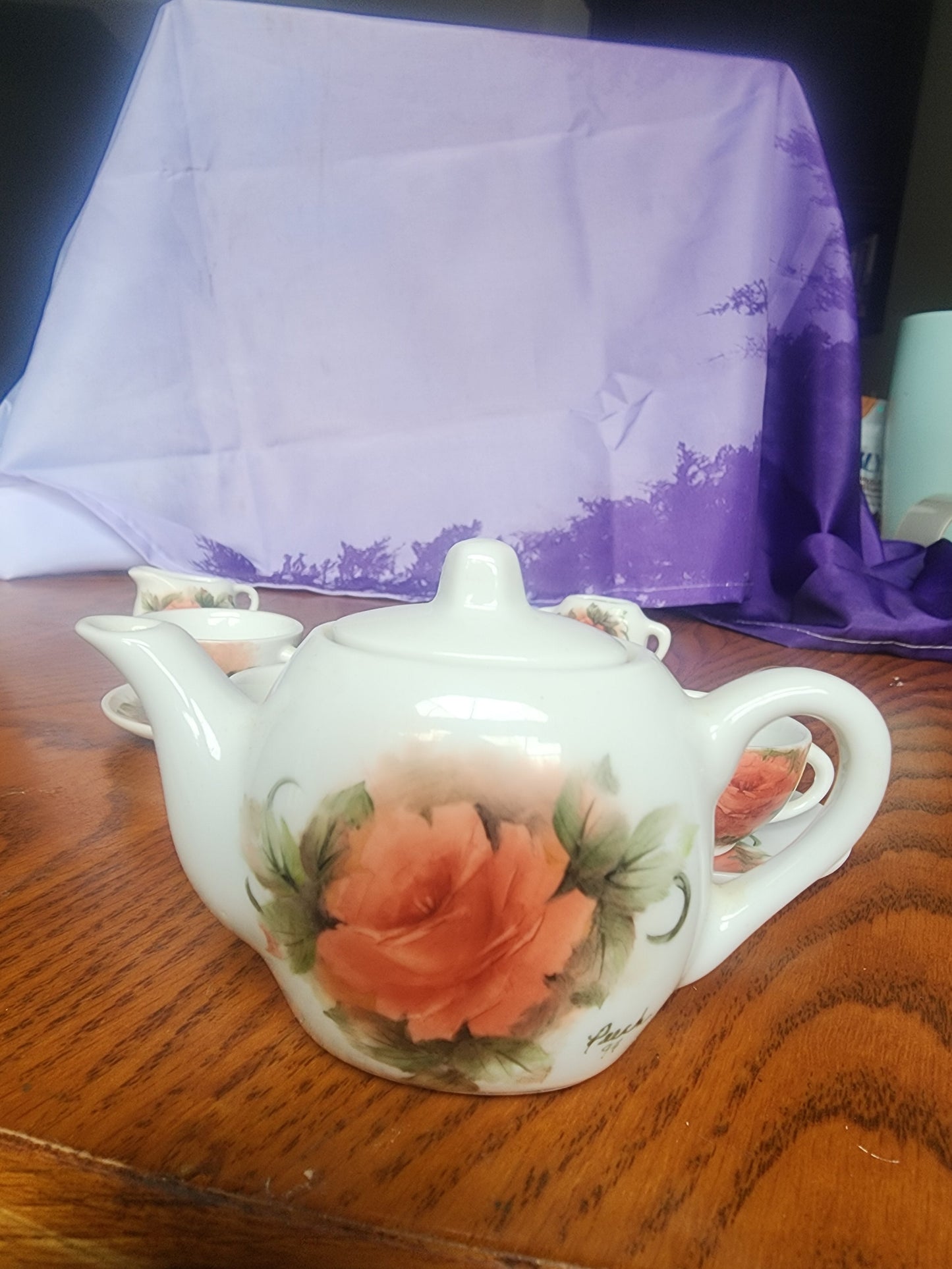 Vintage Miniature  China Peach tea set with Roses 1994
