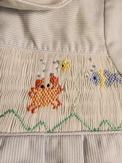 Friedknit Creations Smocked Baby Blue Beach ocean 3 Month Romper for boy