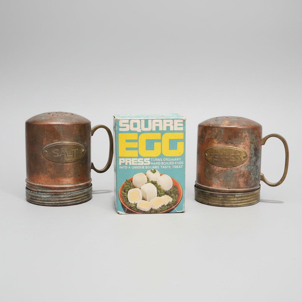 Vintage Square Egg Press Maker and Rustic Copper Salt & Pepper Shakers Set