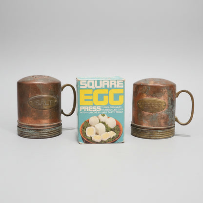 Vintage Square Egg Press Maker and Rustic Copper Salt & Pepper Shakers Set