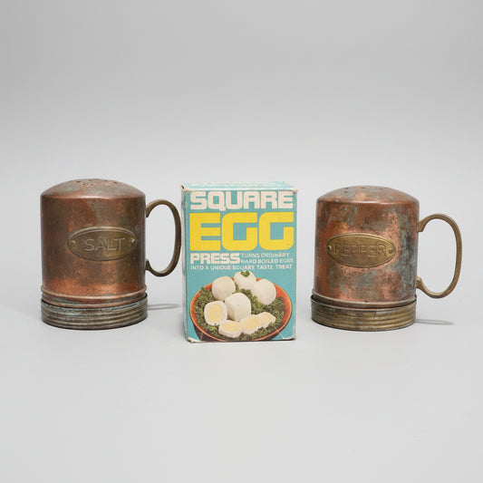 Vintage Square Egg Press Maker and Rustic Copper Salt & Pepper Shakers Set