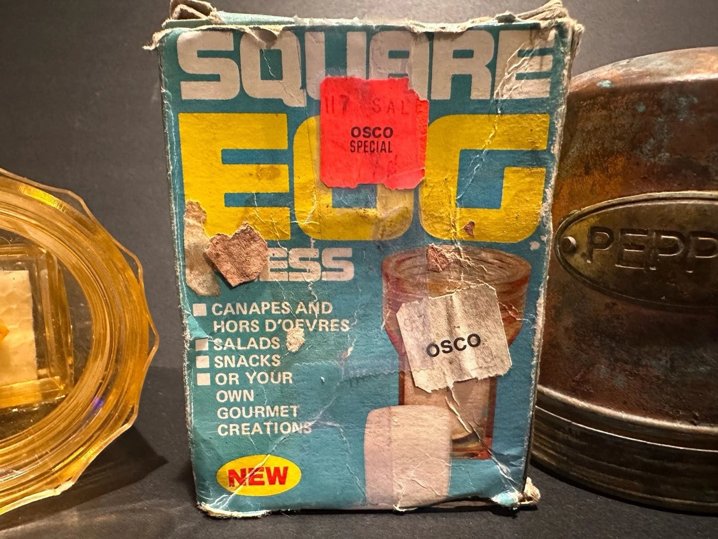 Vintage Square Egg Press Maker and Rustic Copper Salt & Pepper Shakers Set