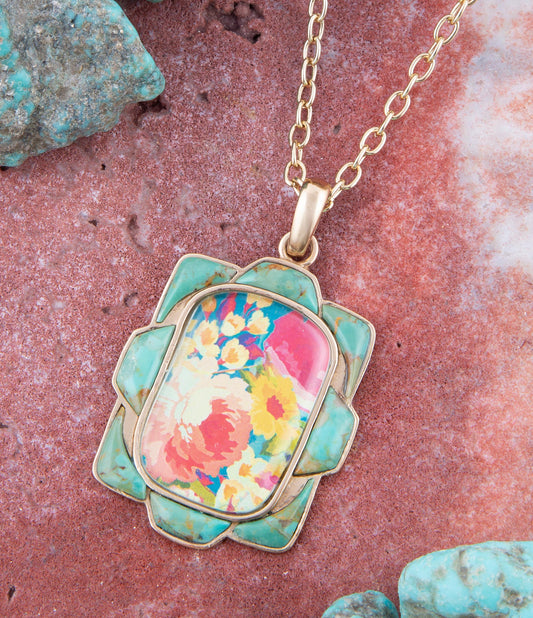 Scenic Floral and Blue Turquoise Golden Pendant Necklace