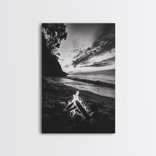 Shoreline fire night, beach flames, evening waves, rustic warmth, Canvas Print, Autumn decor, outdoor adventure minimalist wall art - I Bought a Yard Sale