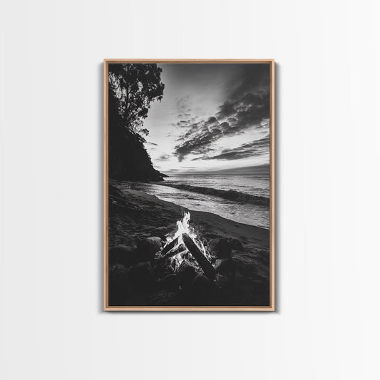Shoreline fire night, beach flames, evening waves, rustic warmth, Canvas Print, Autumn decor, outdoor adventure minimalist wall art - I Bought a Yard Sale