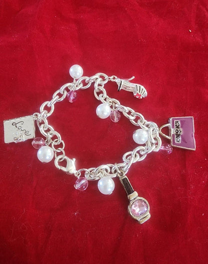 Silver Tone Charm Bracelet with pearl & Pink beads and Charms - I Bought a Yard Sale