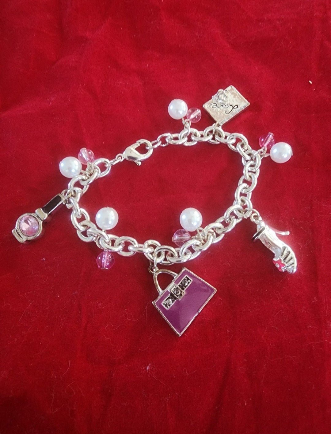 Silver Tone Charm Bracelet with pearl & Pink beads and Charms - I Bought a Yard Sale