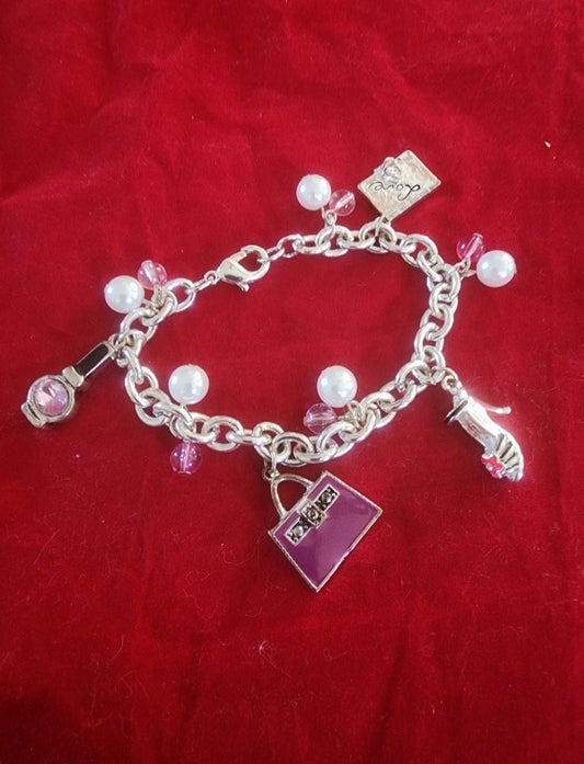 Silver Tone Charm Bracelet with pearl & Pink beads and Charms - I Bought a Yard Sale