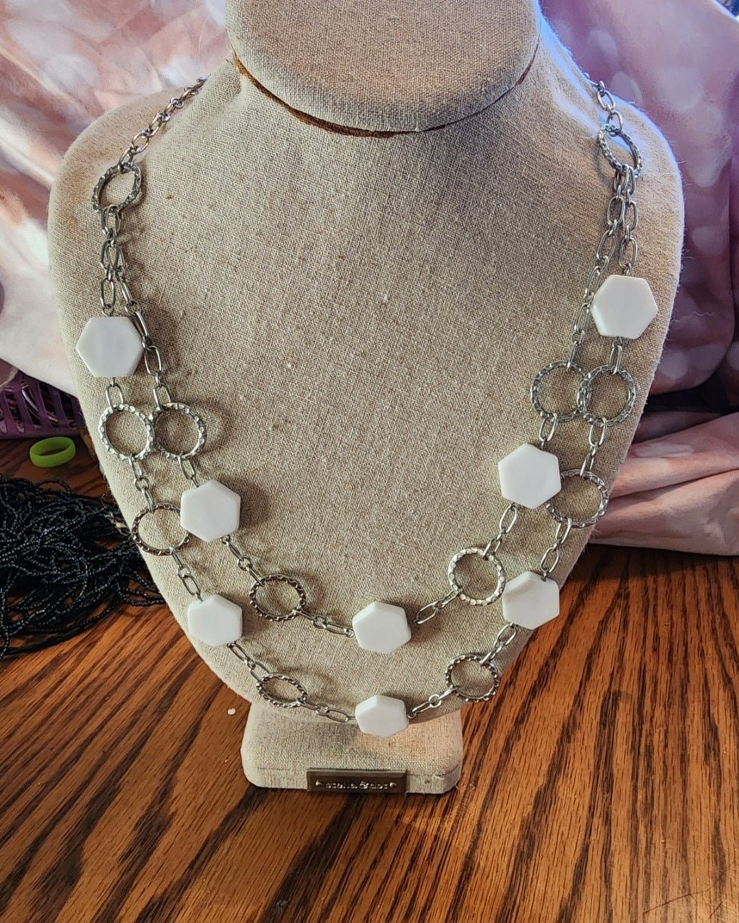 Silver Tone Necklace with White octagon beads light weight - I Bought a Yard Sale