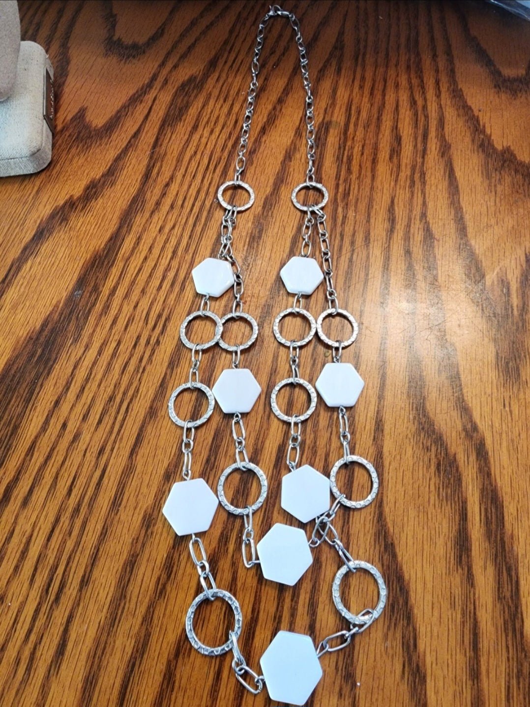 Silver Tone Necklace with White octagon beads light weight - I Bought a Yard Sale