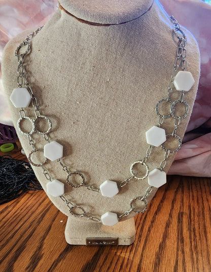 Silver Tone Necklace with White octagon beads light weight - I Bought a Yard Sale