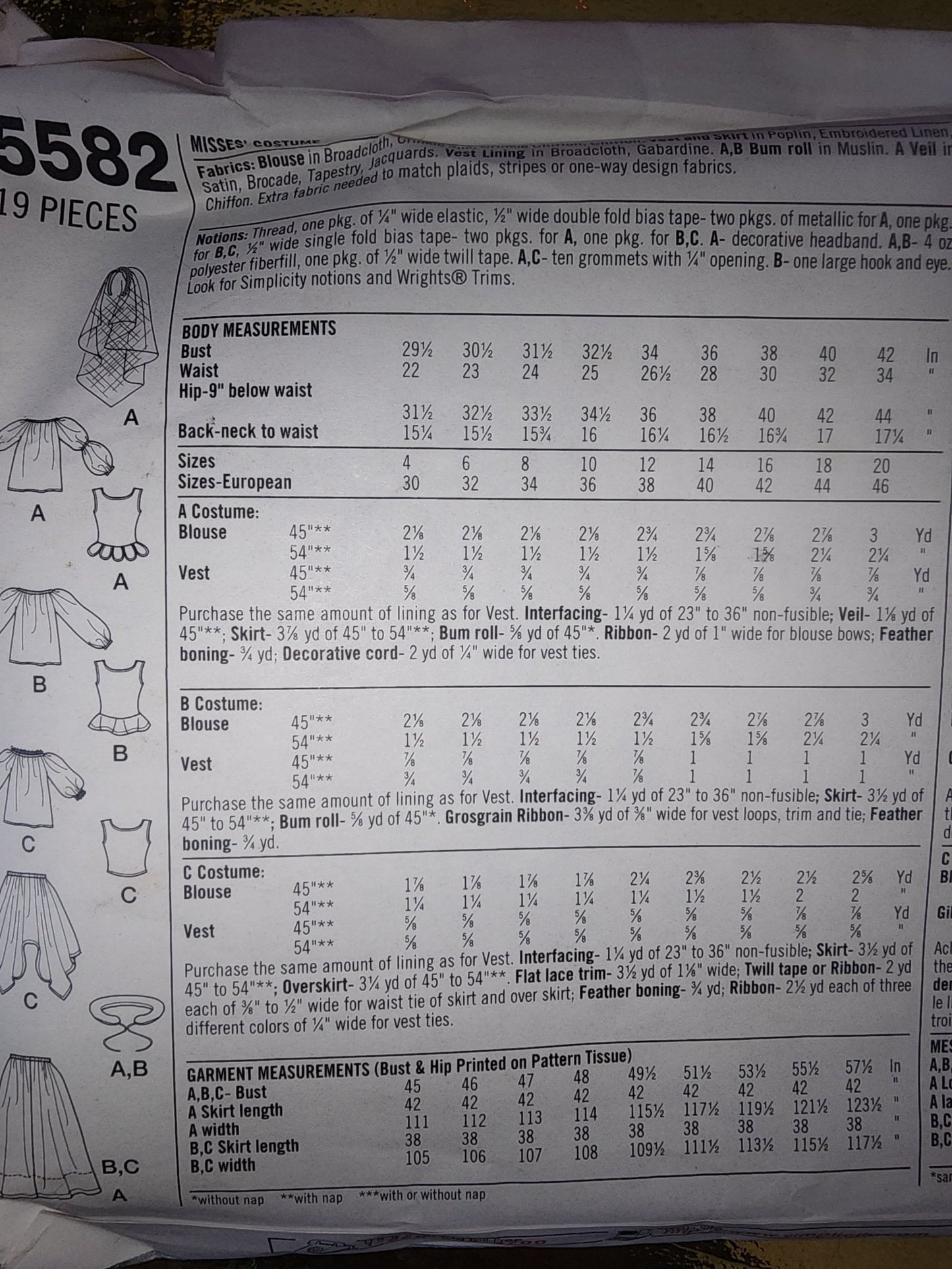 SIMPLICITY 5582 Renaissance Costume Pattern P5 12 14 16 18 Partially cut to s18 - I Bought a Yard Sale