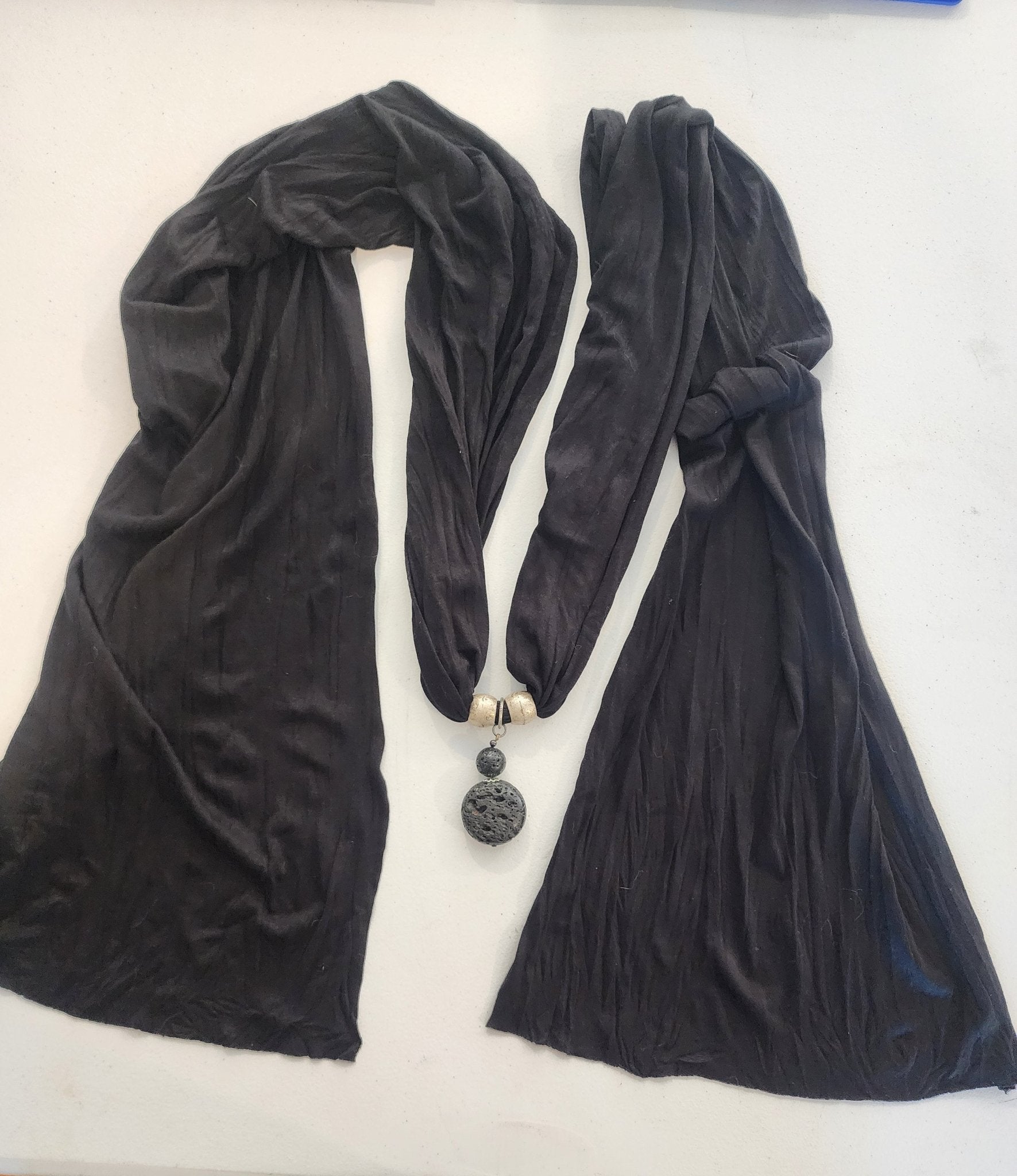 <span;>Black scarf with silver tone beads and black lava bead in middle of scarf. - I Bought a Yard Sale