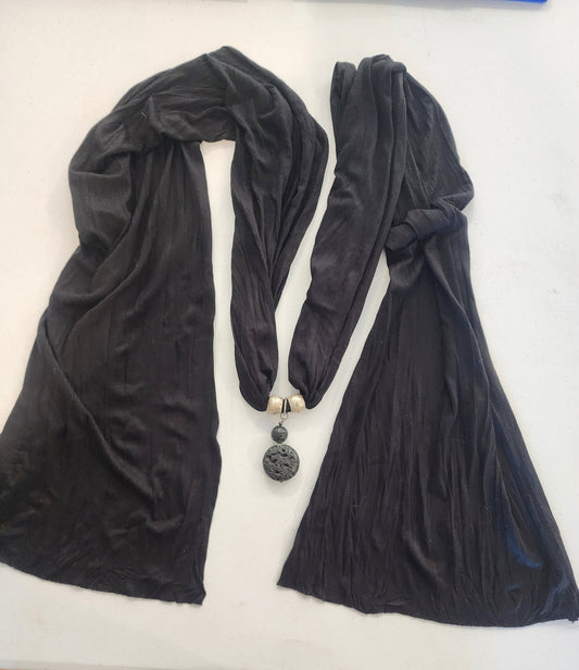 <span;>Black scarf with silver tone beads and black lava bead in middle of scarf. - I Bought a Yard Sale